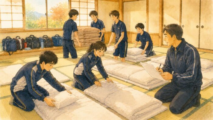 学校や部活の合宿で必要な貸し布団の組数を確認する様子