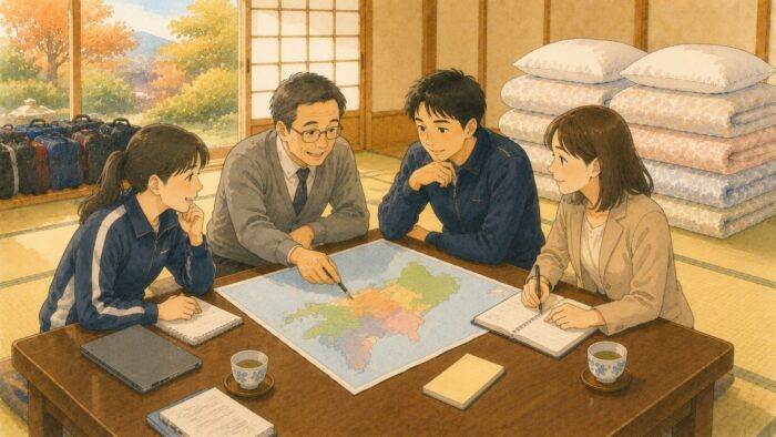まとまった組数の貸し布団について広域エリアの配達相談をする様子