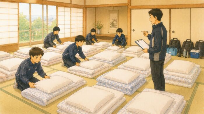 部活やクラブチームの合宿でまとまった貸し布団を準備する様子