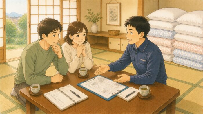 貸し布団の相談内容をスタッフと確認する様子