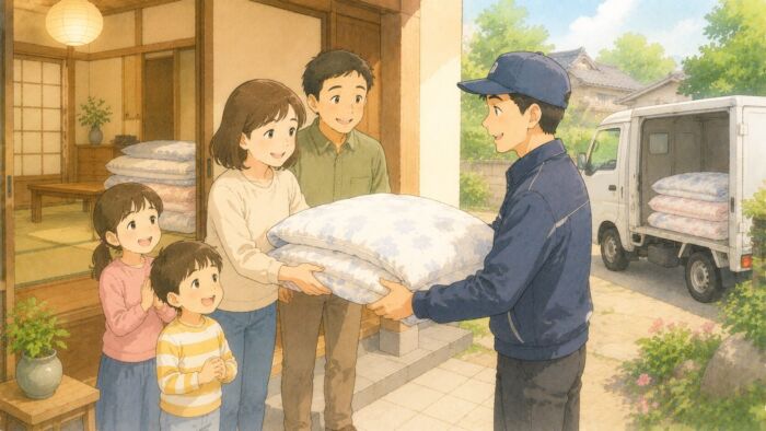 丸よしスタッフが家庭へ貸し布団を届ける様子