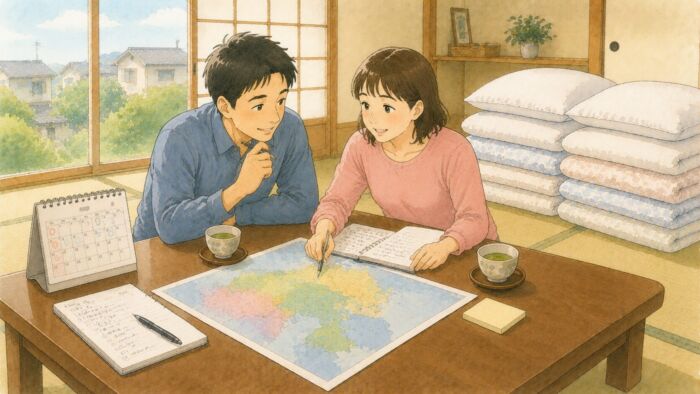 貸し布団の見積り前に地域と組数を整理する様子