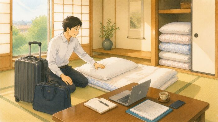 短期滞在や出張で和室に用意された貸し布団を確認する様子