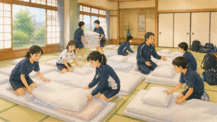 部活動やクラブチームの合宿でまとまった貸し布団を準備する様子