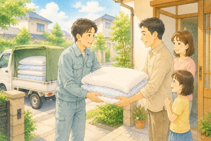 丸よしスタッフが家庭へ貸し布団を届ける様子