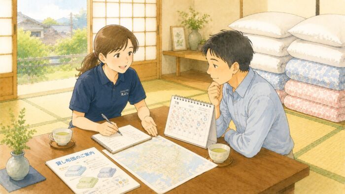 貸し布団の見積り前にスタッフと地域や日程を相談する様子