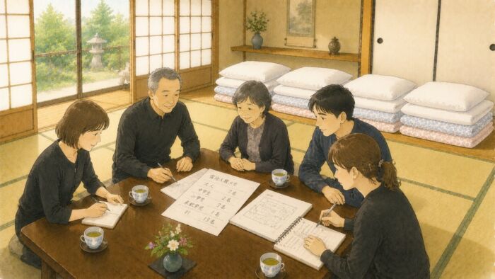 法事や親族の集まりに合わせて宿泊人数と布団を相談する様子