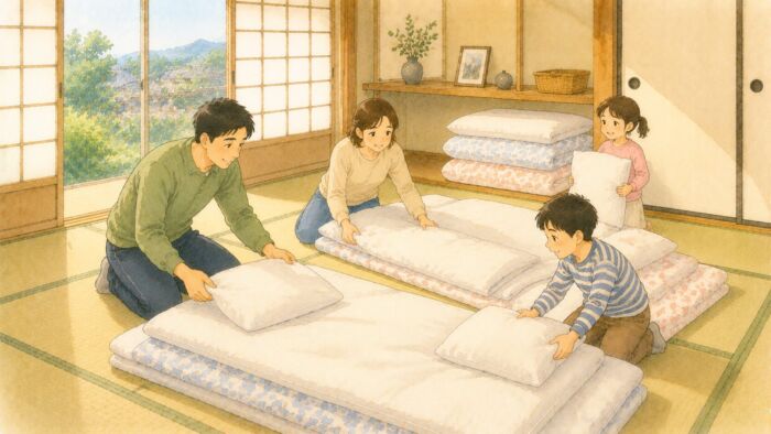 八女市・筑後市・広川町周辺で来客用の貸し布団を準備する家族