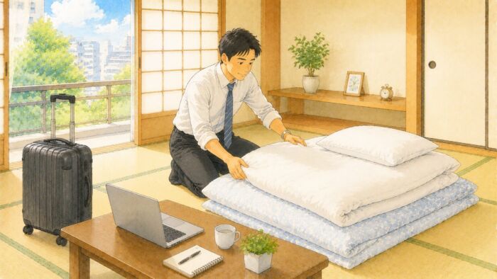 短期滞在や出張で和室に用意された貸し布団を確認する様子