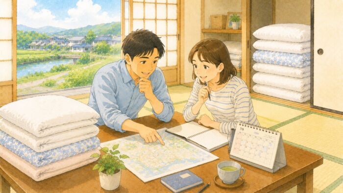 筑後地方西側の地域と日程を地図とカレンダーで確認する夫婦