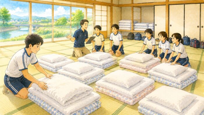 部活動やクラブチームの合宿でまとまった貸し布団を準備する様子