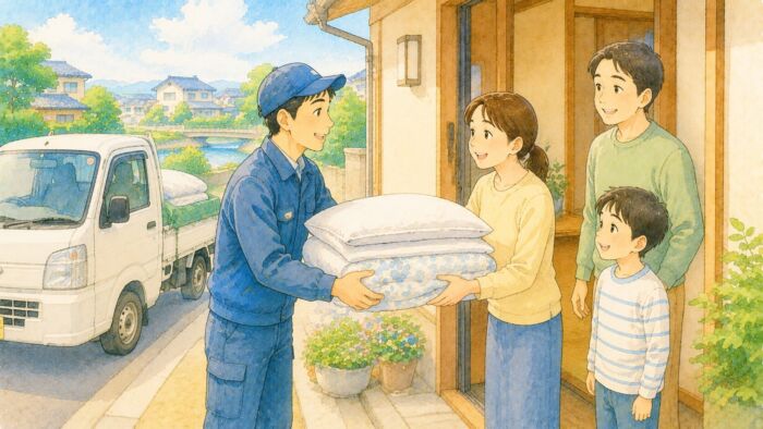 丸よしスタッフが家庭へ貸し布団を届ける様子