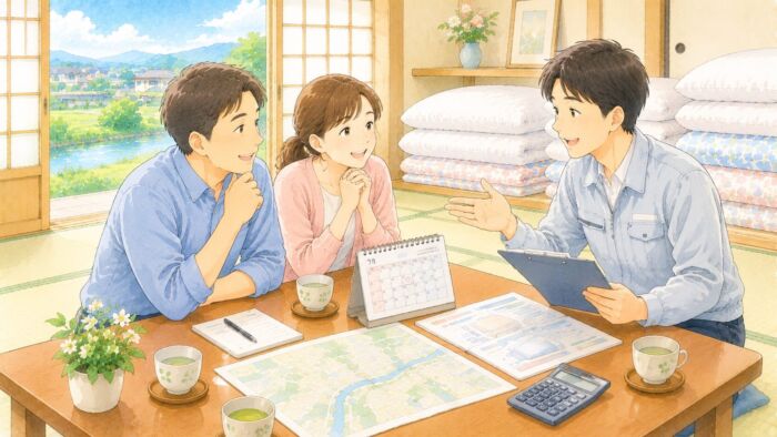 貸し布団の見積り前にスタッフと地域や日程を相談する様子