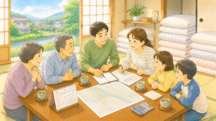 法事や親族の集まりに合わせて宿泊人数と布団を相談する家族