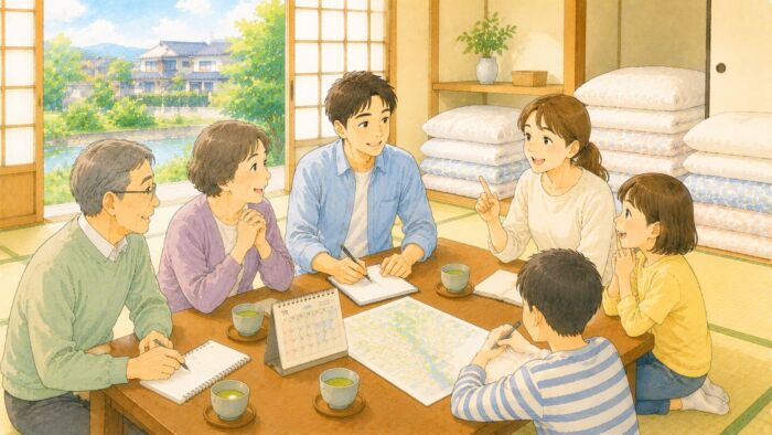帰省や来客に合わせて泊まる人数と日程を家族で相談する様子