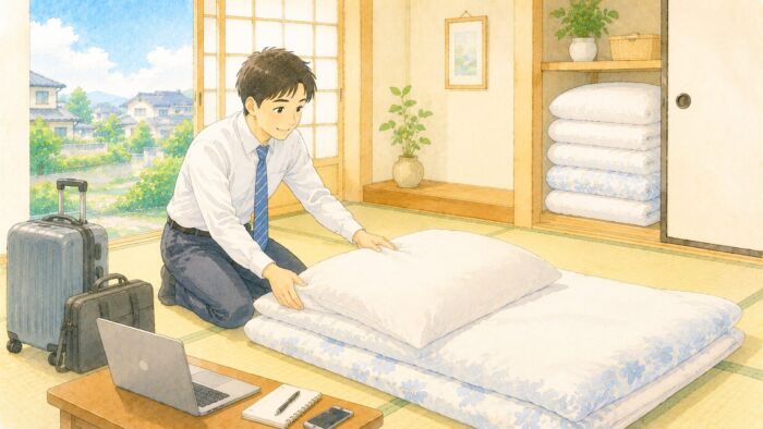短期滞在や出張で和室に用意された貸し布団を確認する会社員