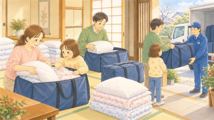 利用後の貸し布団を布団袋に梱包して運送会社へ返送する準備