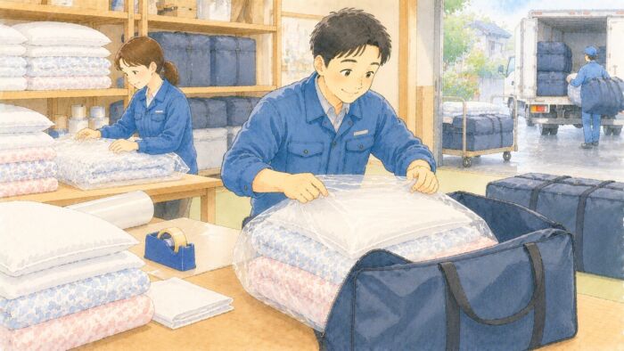貸し布団をビニール袋と布団袋に包んで発送準備するスタッフ