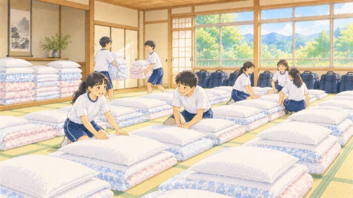 合宿でまとまった組数の貸し布団を準備する学生たち