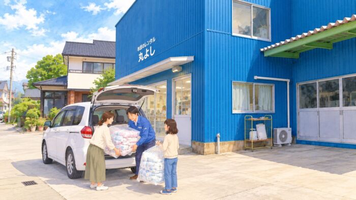久留米の丸よし店舗で貸し布団を来社引取りする家族