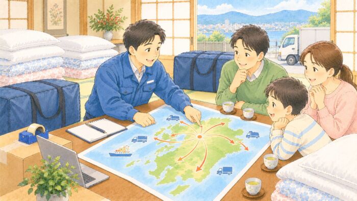 九州内の運送会社発送エリアを地図で確認する丸よしスタッフと家族
